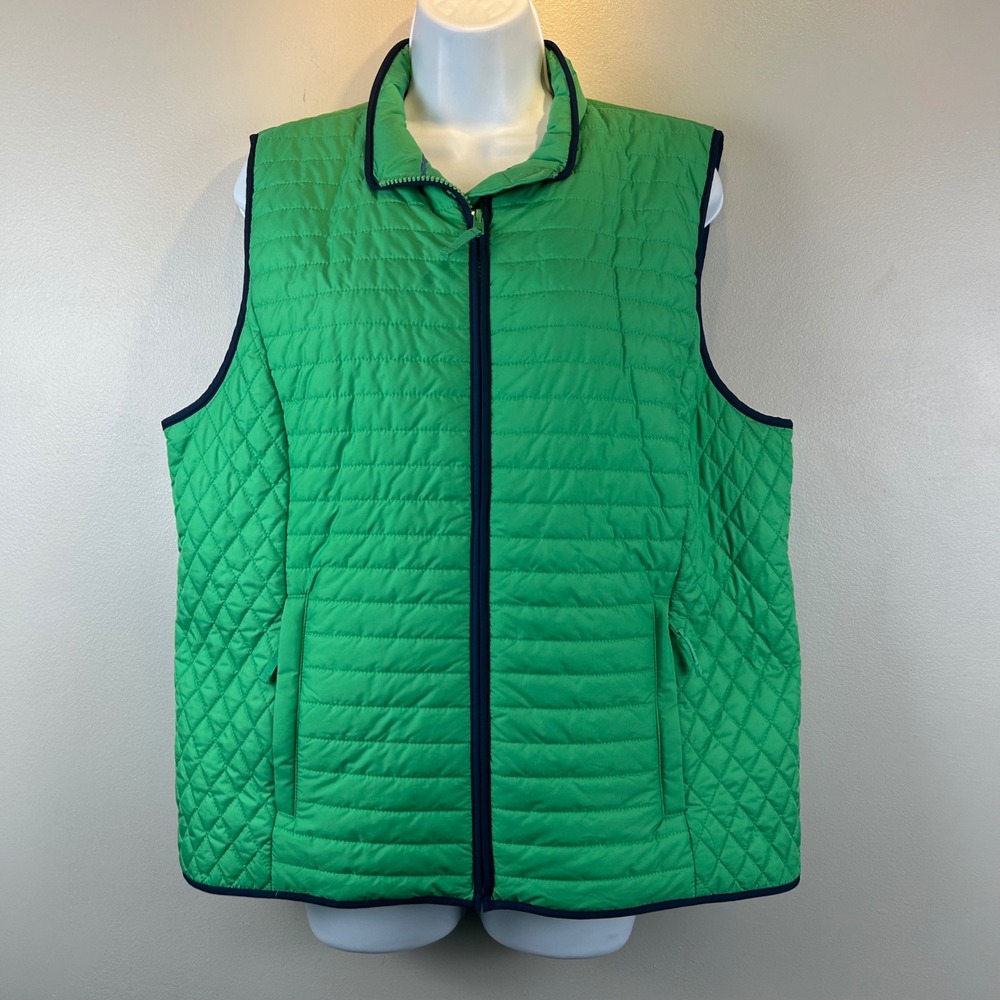 Talbots Petites Green Quilted Zip Up Vest Navy Trim XLP Petite XL